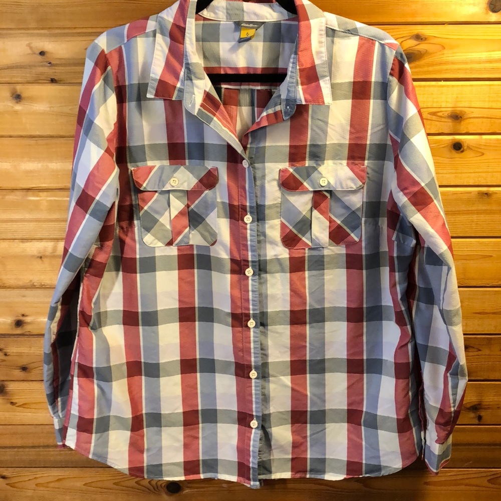 Eddie Bauer Red and Gray Plaid Button Down Shirt